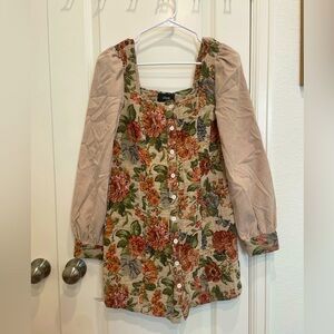 Cider Beige Floral Button Front Tapestry Long sleeved Dress